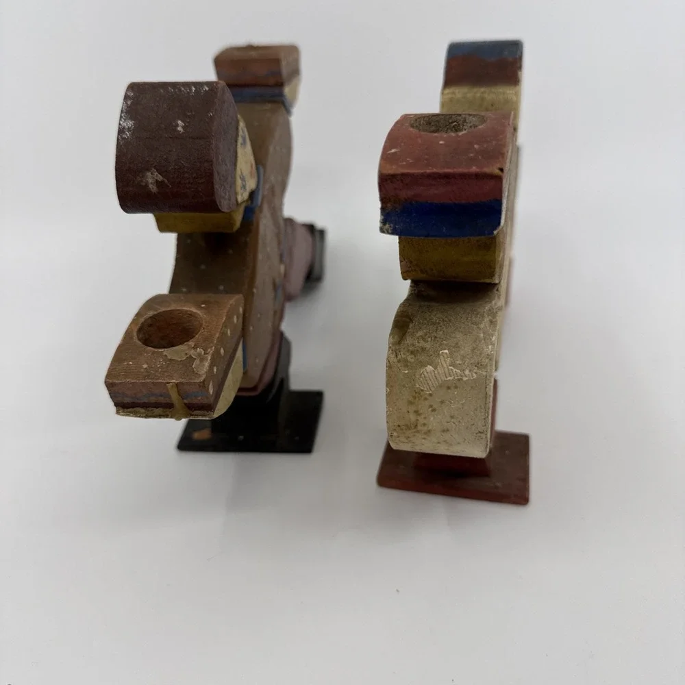 Vintage Pair of Folk Art Wooden Jumping People‎ Candle Stick Holders 6